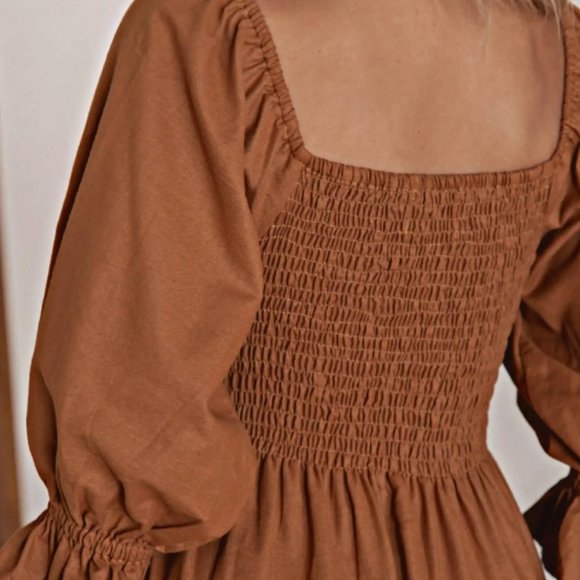 Organic Linen Dress / Smocked / Maxi Length / Puff Sleeves / Plus sizes - Picture 2 of 6